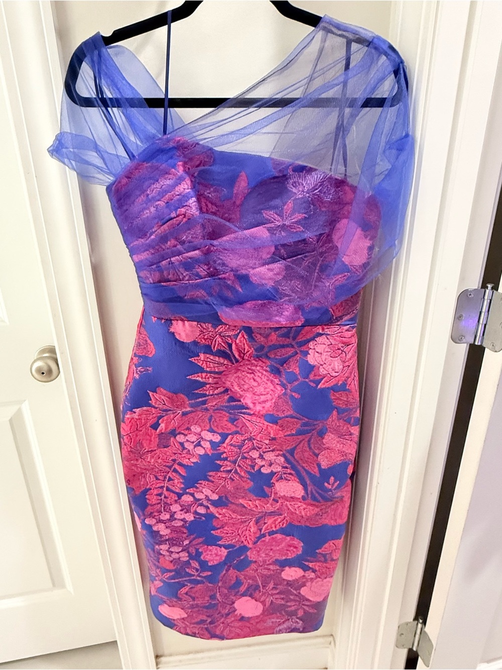 Theia Ruth Draped Shawl One-Shoulder Floral Jacquard Dress in Blue and Fuchsia